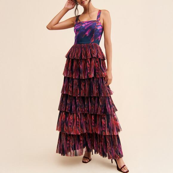Hutch Anthropologie Purple Pink Abstract Tulle Tiered Ruffle Gown Size 4 - Picture 1 of 6